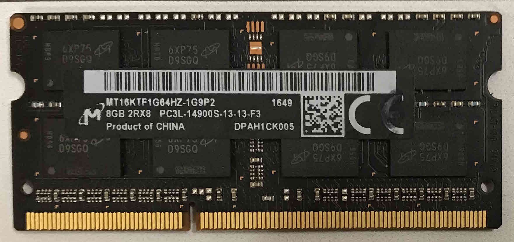 Barrette RAM Micron 8GB DDR3L - Référence MT18KDF1G72AZ-1G6P1 - Occasion